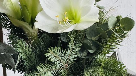 Ein eleganter Strauß mit einer Mischung aus echter und künstlicher Amaryllis bringt Frische und Langlebigkeit in dein Zuhause. Perfekt für den Winter, ergänzt er jede Dekoration mit seinem natürlichen Charme und seiner Beständigkeit.