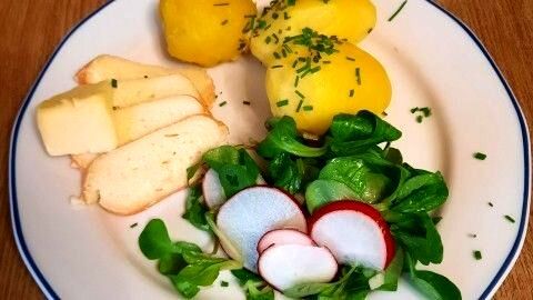 Ein Teller zeigt gekochte Kartoffeln, Limburger Käse und Feldsalat mit Radieschen, angerichtet auf einem Holztisch.