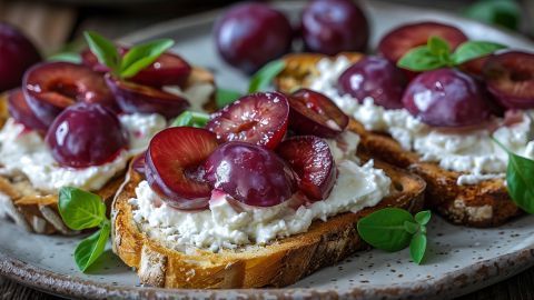 Crostini mit Ziegenkäse-Basilikum-Creme und Zwetschgen