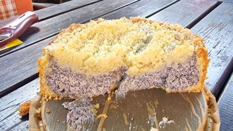 Ein Mohn-Pudding-Kuchen mit Streuseln ist angeschnitten und steht auf einem dunklen Holztisch im Garten.