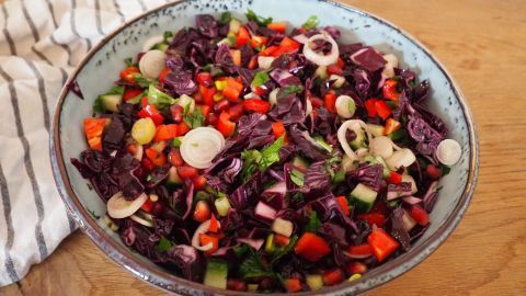 Rotkohlsalat mit Granatapfel bietet eine bunte Mischung aus frischem Rotkohl, knackigen Paprikawürfeln und saftigen Granatapfelkernen, perfekt für eine gesunde Mahlzeit.